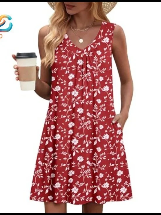 Sleeveless V-Neck Pleated Sundress with Pockets, Knee Length Casual Dress - Picture 2 of 6